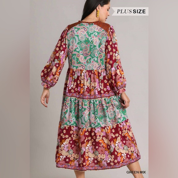 NWT Umgee Boutique Boho Hippy Floral Print Dress S-2X green burgundy mix - Picture 7 of 16